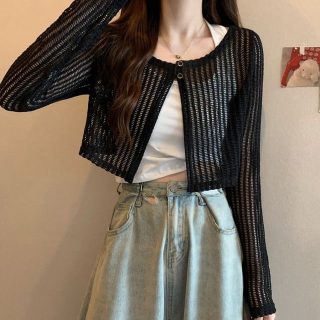 Perforated Cropped Knit Cardigan
