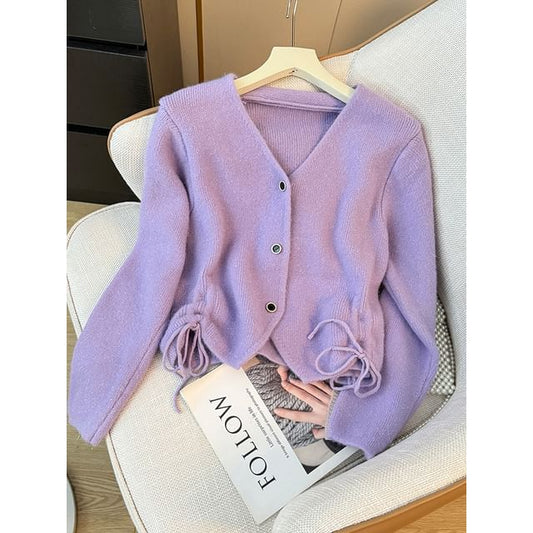 Drawstring V-Neck Knit Cardigan