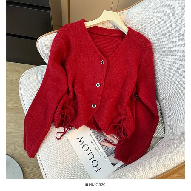 Drawstring V-Neck Knit Cardigan