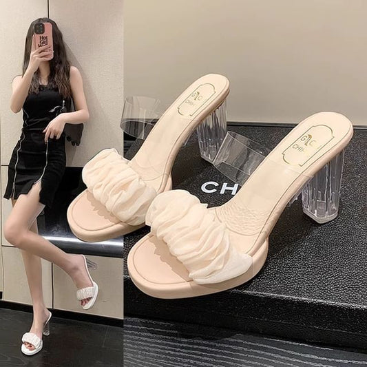 Transparent Chunky Heel Ruffle Slide Sandals