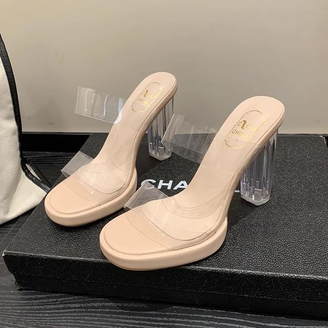 Clear Thick High Heel Mules