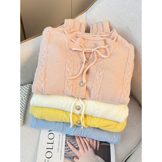 Tie Neckline Cable Knit Loose Cardigan