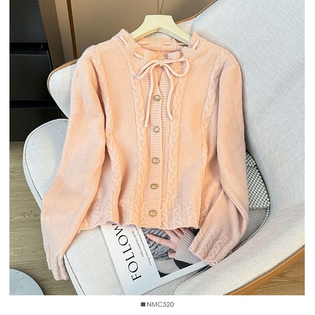 Tie Neckline Cable Knit Loose Cardigan