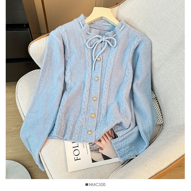 Tie Neckline Cable Knit Loose Cardigan