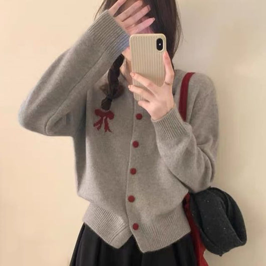 Bow Print Round Neck Cardigan