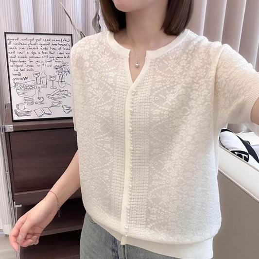 Notch Neck Floral Beaded Short Sleeve Cardigan