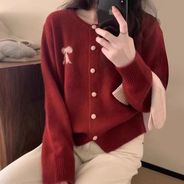 Bow Print Round Neck Cardigan