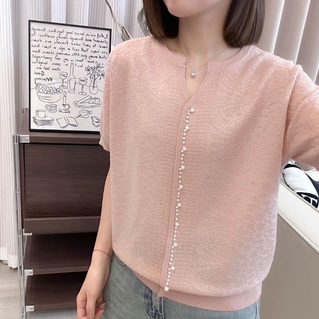 Notch Neck Floral Beaded Short Sleeve Cardigan
