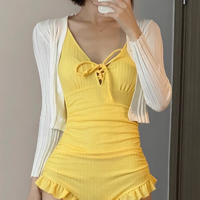 Lace-Up Ruffle Swimsuit & Ribbed Cardigan Set