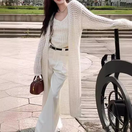 Pointelle Knit Tank Top & Midi Open Front Cardigan Set