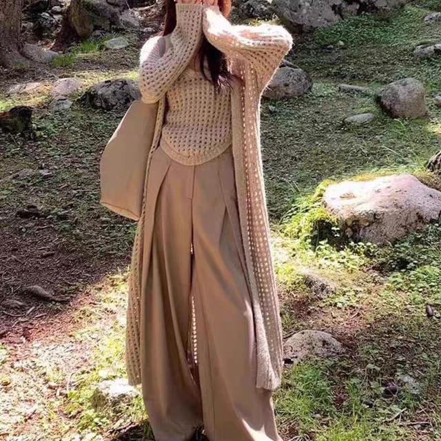 Pointelle Knit Tank Top & Midi Open Front Cardigan Set
