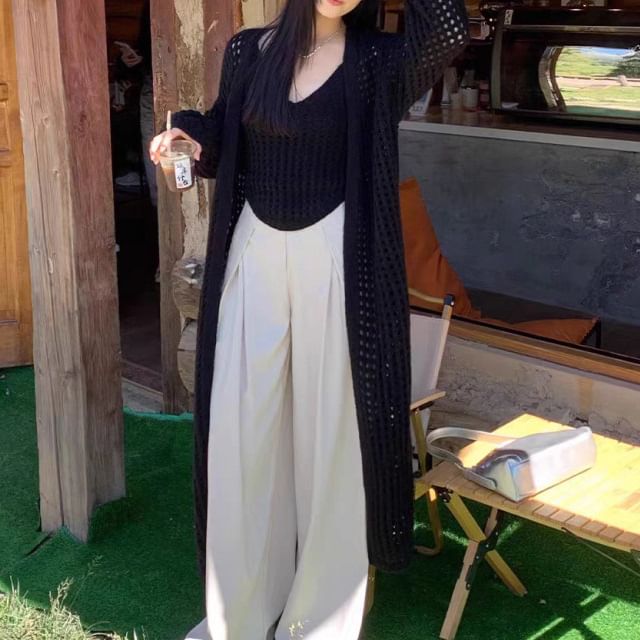 Pointelle Knit Tank Top & Midi Open Front Cardigan Set