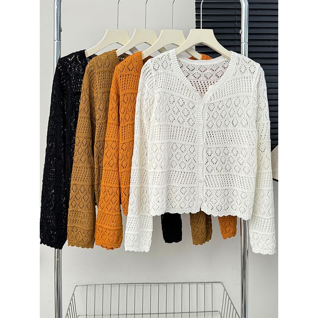 Eyelet V-Neck Lightweight Knit Cardigan