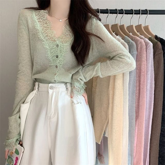 Sheer Lace Trim V-Neck Long Sleeve Cardigan