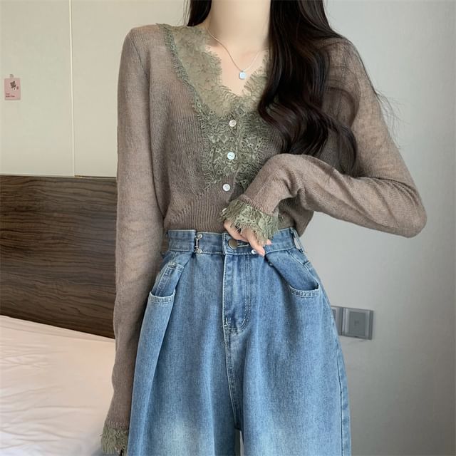 Sheer Lace Trim V-Neck Long Sleeve Cardigan