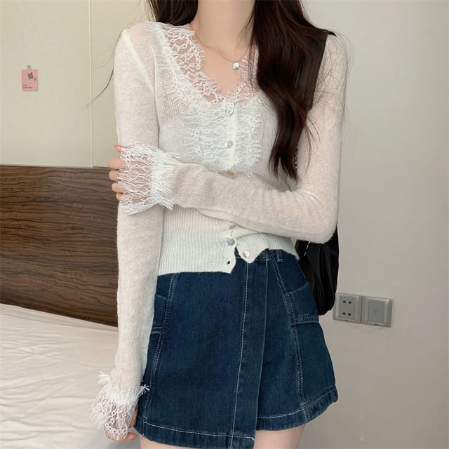 Sheer Lace Trim V-Neck Long Sleeve Cardigan