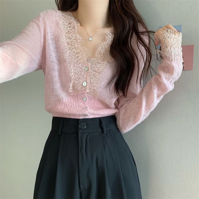 Sheer Lace Trim V-Neck Long Sleeve Cardigan