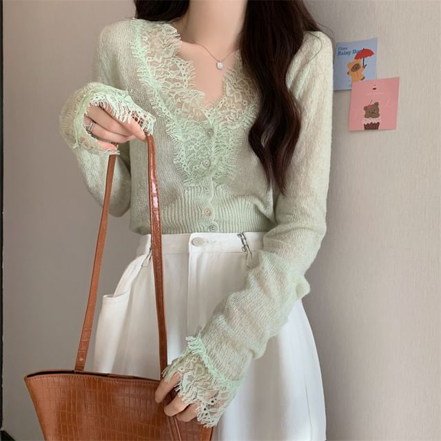Sheer Lace Trim V-Neck Long Sleeve Cardigan