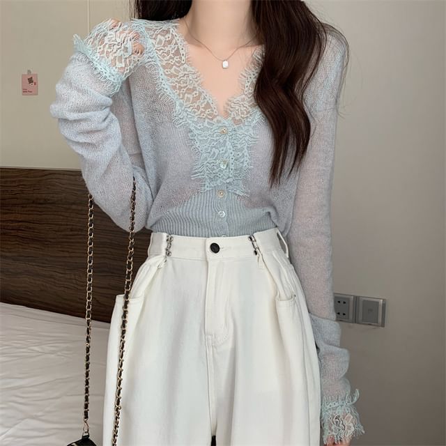 Sheer Lace Trim V-Neck Long Sleeve Cardigan