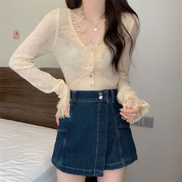Sheer Lace Trim V-Neck Long Sleeve Cardigan
