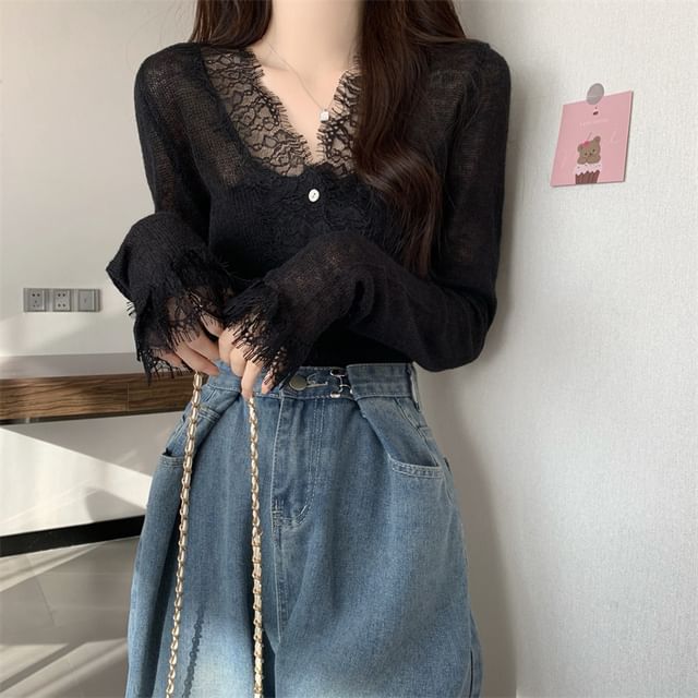 Sheer Lace Trim V-Neck Long Sleeve Cardigan