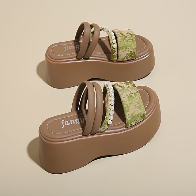 Faux Pearl Platform Slide Sandals