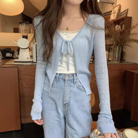 Perforated Tie Front V-Neck Crop Cardigan