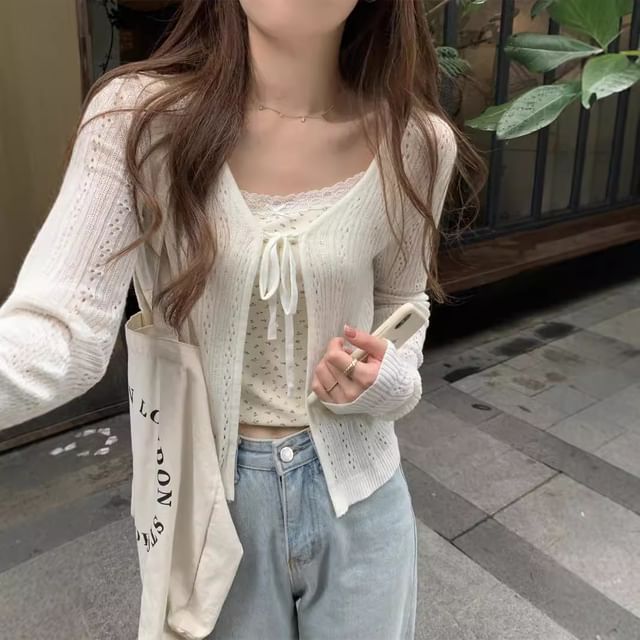 Perforated Tie Front V-Neck Crop Cardigan
