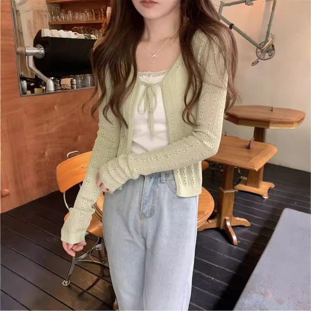 Perforated Tie Front V-Neck Crop Cardigan