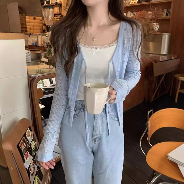 Perforated Tie Front V-Neck Crop Cardigan