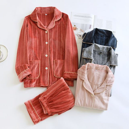 Couple Matching Pajama Set: Long-Sleeve Collared Contrast Trim Coral Fleece Shirt + Elastic Waist Straight Leg Pants (Various Designs)