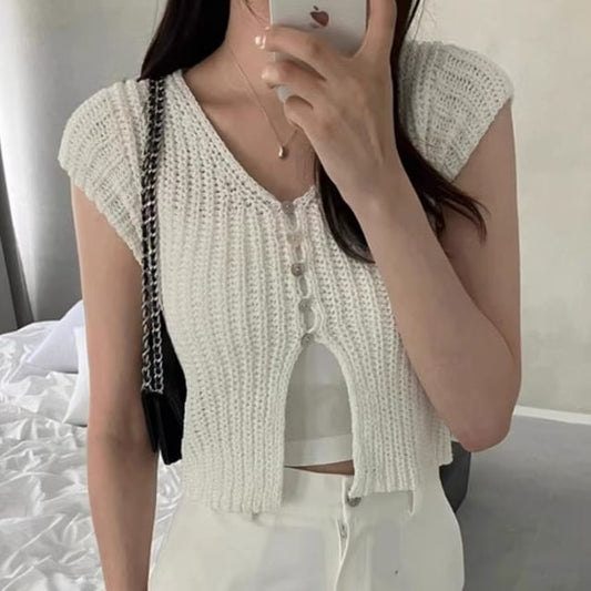 Short Sleeve V-Neck Button Up Cropped Knit