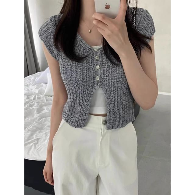 Short Sleeve V-Neck Button Up Cropped Knit