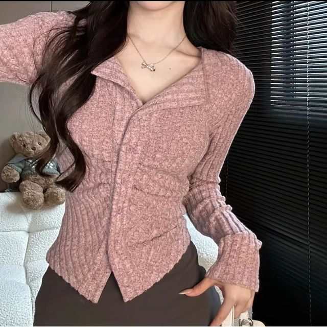 Ribbed Slim-Fit V-Neck Long Sleeve Cardigan
