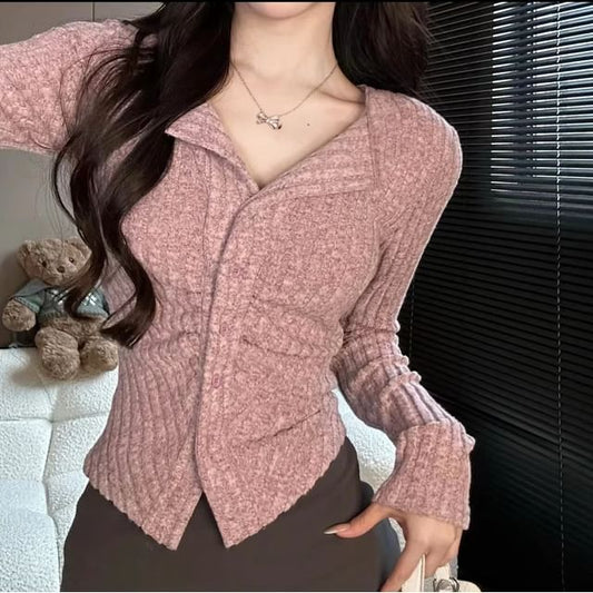 Ribbed Slim-Fit V-Neck Long Sleeve Cardigan