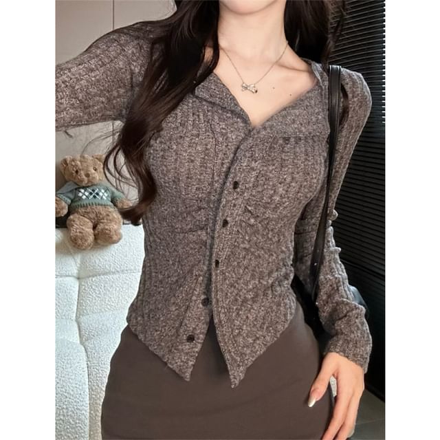 Ribbed Slim-Fit V-Neck Long Sleeve Cardigan