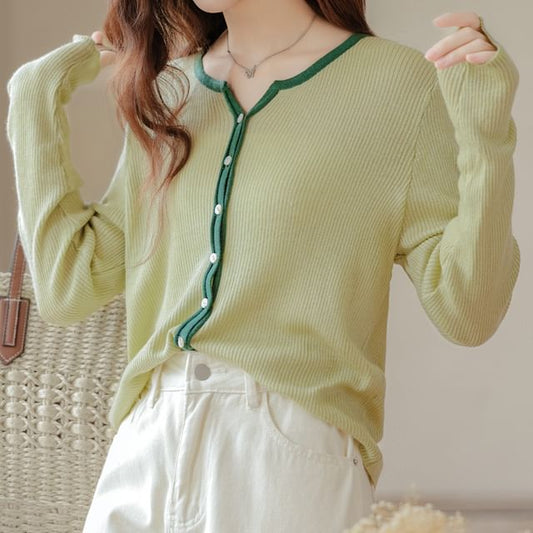 Notch Neck Contrast Trim Ribbed Button-Front Sweater