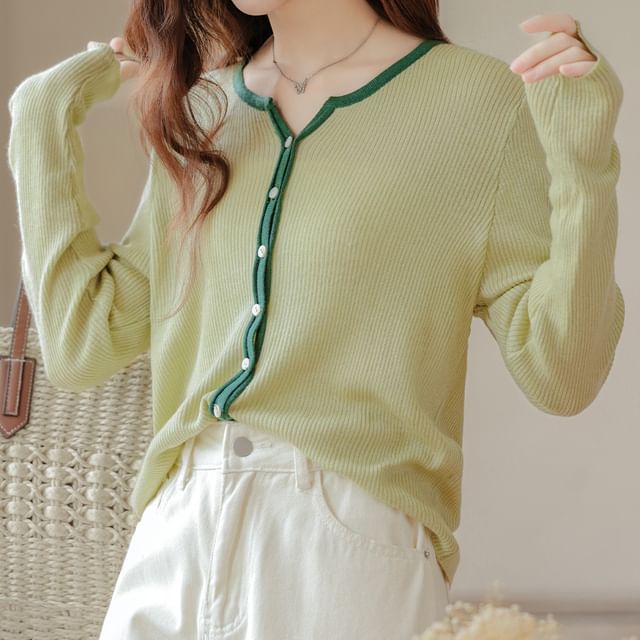 Notch Neck Contrast Trim Ribbed Button-Front Sweater