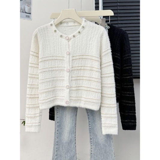 Striped Fluffy Crew-Neck Cropped Cardigan