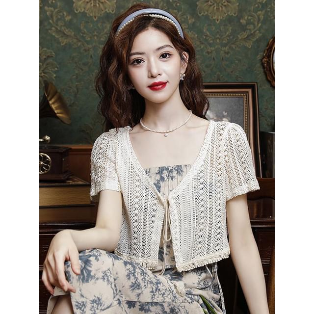 Crochet V-Neck Cropped Short Sleeve Cardigan