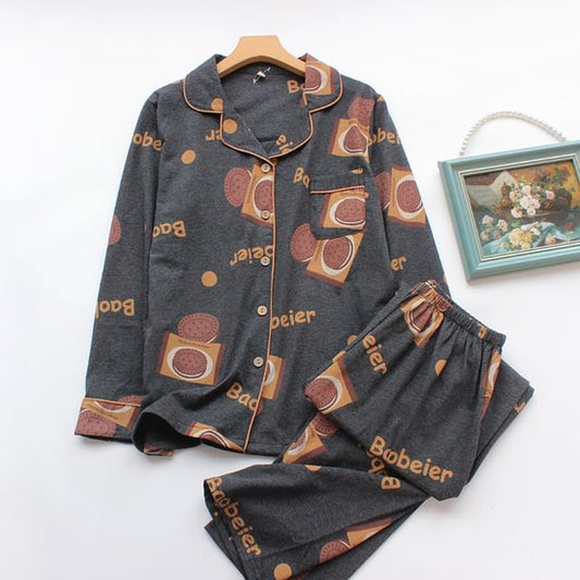 Couple Matching Pajama Set: Long-Sleeve Print Top + Pants (Various Designs)