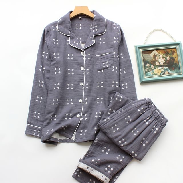 Couple Matching Pajama Set: Long-Sleeve Cross Print Top + Pants (Various Designs)