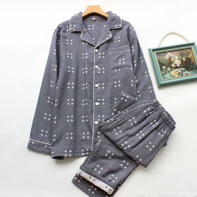 Couple Matching Pajama Set: Long-Sleeve Cross Print Top + Pants (Various Designs)