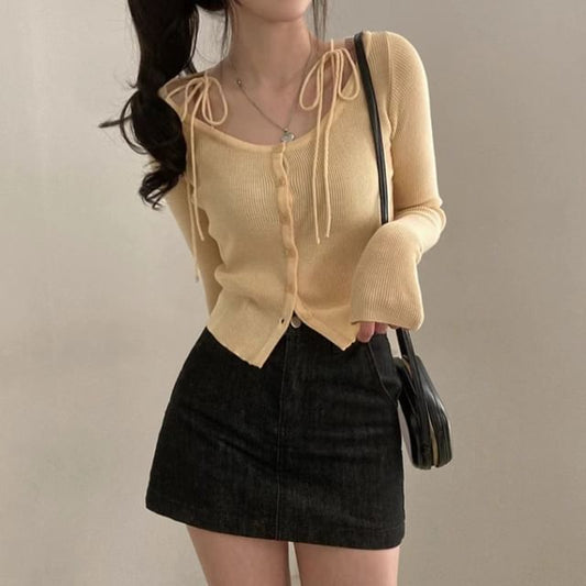 Tie Shoulder Button-Up Scoop Neck Crop Cardigan