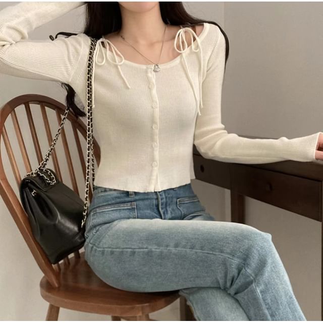 Tie Shoulder Button-Up Scoop Neck Crop Cardigan