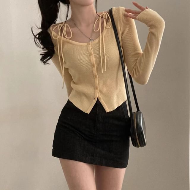 Tie Shoulder Button-Up Scoop Neck Crop Cardigan