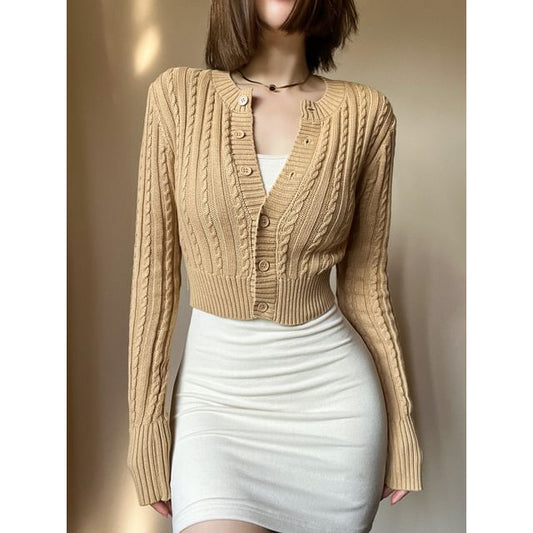Cable-Knit Crew-Neck Cropped Cardigan in 5 Colors