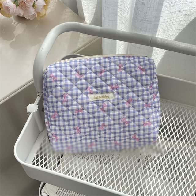 Bow Plaid Fabric Makeup Bag