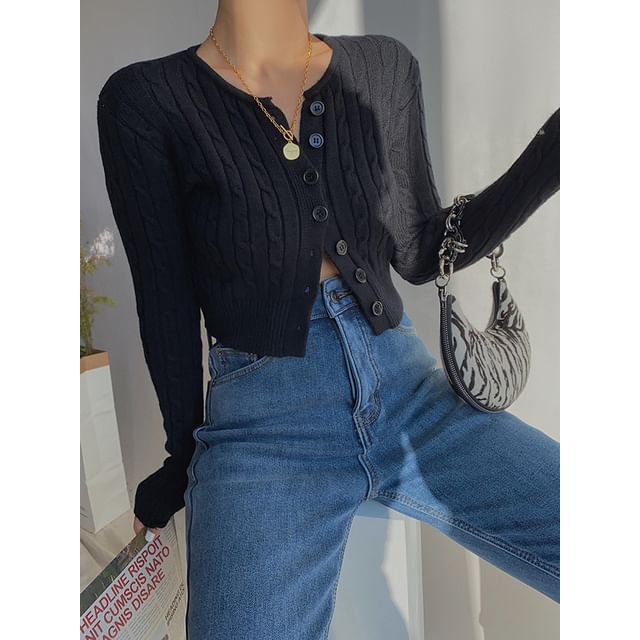 Cable-Knit Crew-Neck Cropped Cardigan in 5 Colors