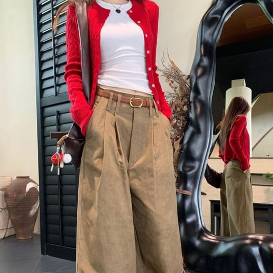Cable Knit Button-Up Crop Cardigan & T-Shirt & Wide Leg Pants Set